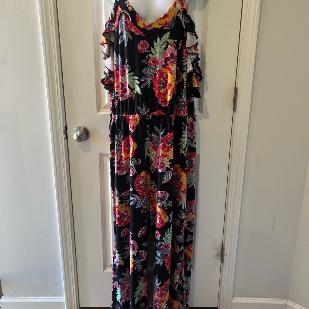 Love Sam Black Floral Ruffle Cold-Shoulder Jumpsuit